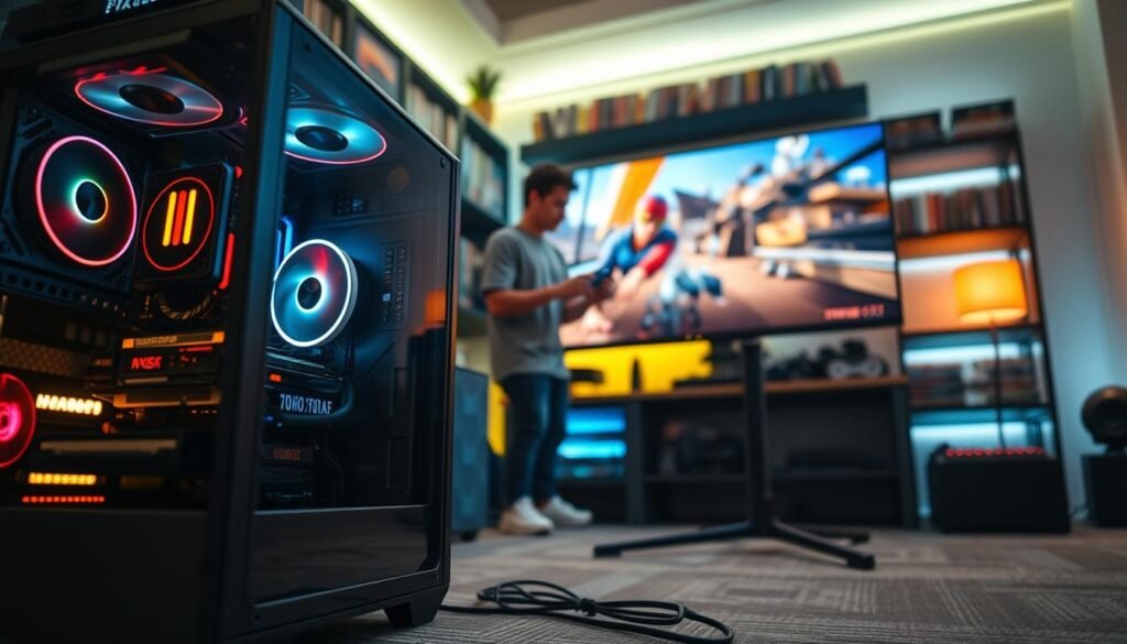 A high-tech gaming setup showcasing a performance test of popular video games on an emulator. In the foreground, a sleek gaming PC with an illuminated case reveals the internals, featuring an i7-10700F processor and an RX 6600 graphics card. A large monitor displays a vibrant game scene, demonstrating realistic graphics. In the middle ground, a user in casual attire is fiddling with a game controller, intently focused on the screen. The background includes shelves filled with game titles and an ambient light setup creating a cozy gaming atmosphere. The scene is viewed from a low angle, emphasizing the powerful hardware aspect, with warm lighting highlighting the gaming rig, evoking a sense of excitement and performance testing in the gaming world.