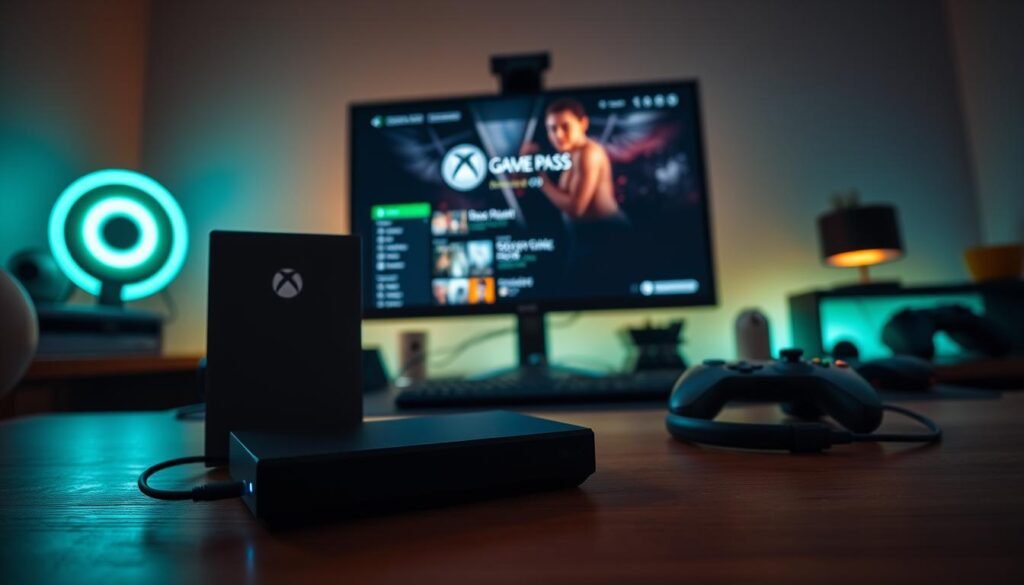 A modern gaming setup featuring an Xbox console with the iconic Game Pass logo prominently displayed. In the foreground, include a sleek external SSD connected to the console, showcasing an illuminated LED status light. The middle ground should portray a stylish gaming desk with a high-resolution monitor displaying a vibrant Game Pass interface, surrounded by gaming accessories like controllers and headphones. In the background, soft ambient lighting creates a cozy atmosphere, hinting at a dimly lit gaming room. The scene should evoke a sense of anticipation and excitement for gaming, highlighting the essential prerequisites: applications, devices, and the Xbox account required for downloading games. Use a warm color palette to enhance the inviting mood. The angle should be slightly tilted from above, offering a dynamic view of this gaming environment.
