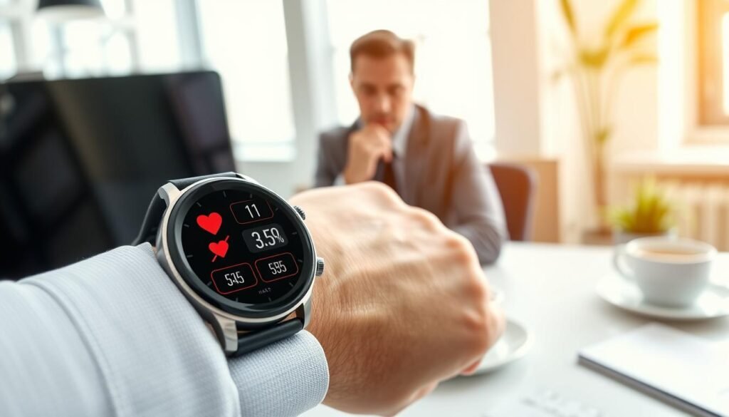 A modern, stylish smartwatch displaying health metrics prominently on its screen, positioned on a person's wrist, depicting a professional business setting. The foreground features the smartwatch with clear data illustrating heart rate monitoring and health statistics, surrounded by a desk with a laptop and a cup of coffee. In the middle ground, a person dressed in business attire, looking at the smartwatch with a thoughtful expression, embodies a focus on daily health monitoring. The background includes a bright office environment with soft natural lighting, creating an atmosphere of productivity and wellness. The angle is slightly above eye level, capturing both the smartwatch and the individual in a manner that emphasizes the importance of health technology in everyday life. A modern, stylish smartwatch displaying health metrics prominently on its screen, positioned on a person's wrist, depicting a professional business setting. The foreground features the smartwatch with clear data illustrating heart rate monitoring and health statistics, surrounded by a desk with a laptop and a cup of coffee. In the middle ground, a person dressed in business attire, looking at the smartwatch with a thoughtful expression, embodies a focus on daily health monitoring. The background includes a bright office environment with soft natural lighting, creating an atmosphere of productivity and wellness. The angle is slightly above eye level, capturing both the smartwatch and the individual in a manner that emphasizes the importance of health technology in everyday life.