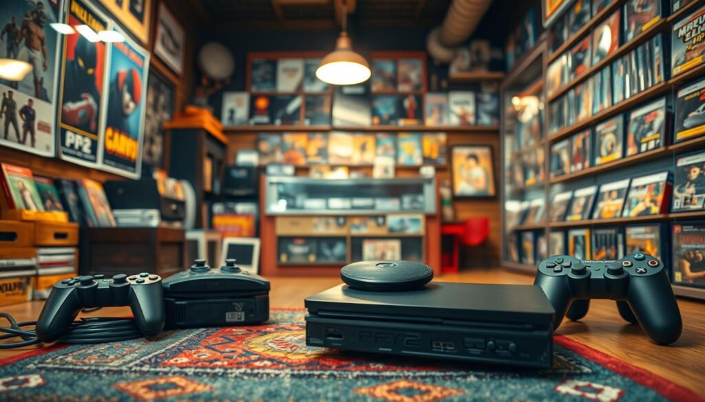 A nostalgic scene featuring a vintage PS2 console set in a cozy rental game shop. In the foreground, a PS2 console with limited edition design, sleek and shiny, surrounded by several iconic game discs and joypads, showcasing wear from years of use. The middle ground highlights a retro game rental counter adorned with posters of classic PS2 games, and a faded yet colorful rug covering the wooden floor. The background features shelves lined with game cases and memorabilia from the PS2 era, evoking a warm sense of nostalgia. Soft, warm lighting from overhead lights creates a welcoming atmosphere, while a slightly blurred lens effect adds depth. The mood is inviting and reminiscent of cherished gaming memories shared among friends. A nostalgic scene featuring a vintage PS2 console set in a cozy rental game shop. In the foreground, a PS2 console with limited edition design, sleek and shiny, surrounded by several iconic game discs and joypads, showcasing wear from years of use. The middle ground highlights a retro game rental counter adorned with posters of classic PS2 games, and a faded yet colorful rug covering the wooden floor. The background features shelves lined with game cases and memorabilia from the PS2 era, evoking a warm sense of nostalgia. Soft, warm lighting from overhead lights creates a welcoming atmosphere, while a slightly blurred lens effect adds depth. The mood is inviting and reminiscent of cherished gaming memories shared among friends.