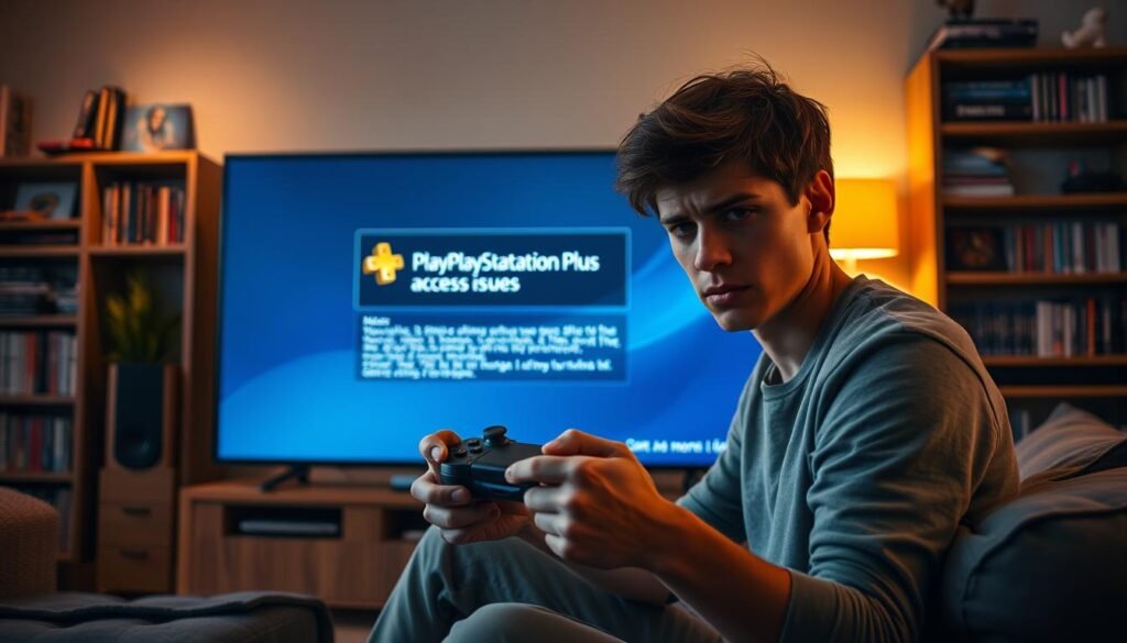 A scene depicting a stressed gamer in a modern, cozy living room setting, sitting in front of a large TV, looking frustrated while navigating a PlayStation console. The foreground features the gamer, a young adult in casual, modest clothing, holding a controller with a furrowed brow. The middle ground showcases the TV displaying an error message related to "PlayStation Plus access issues," with game icons faintly visible in the background. The background displays a bookshelf filled with video games and collectibles, softly lit with warm ambient lighting creating a cozy yet tense atmosphere. The overall mood conveys frustration and determination, emphasizing the common issues gamers face when accessing online content. A scene depicting a stressed gamer in a modern, cozy living room setting, sitting in front of a large TV, looking frustrated while navigating a PlayStation console. The foreground features the gamer, a young adult in casual, modest clothing, holding a controller with a furrowed brow. The middle ground showcases the TV displaying an error message related to "PlayStation Plus access issues," with game icons faintly visible in the background. The background displays a bookshelf filled with video games and collectibles, softly lit with warm ambient lighting creating a cozy yet tense atmosphere. The overall mood conveys frustration and determination, emphasizing the common issues gamers face when accessing online content.