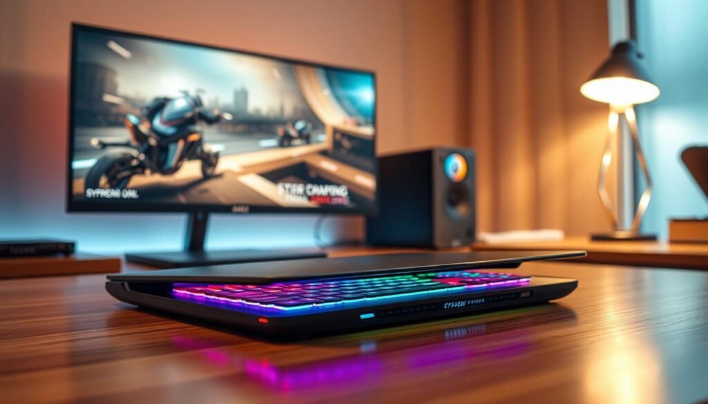 A sleek MSI Cyborg Thin laptop sits prominently on a polished wooden desk, showcasing its futuristic design with clean lines and a metallic finish. The laptop's vibrant RGB keyboard glows softly, casting colored reflections on the surface beneath it. In the background, a futuristic gaming setup is displayed, featuring a high-resolution monitor with immersive graphics from a game, enhancing the gaming atmosphere. Soft ambient lighting illuminates the scene from a stylish desk lamp, creating a warm, inviting environment. The angle captures a sense of depth, focusing on the laptop while blurring the background slightly to emphasize its importance. The overall mood is dynamic and high-tech, reflecting the excitement of gaming with the powerful RTX 5060 graphics card.