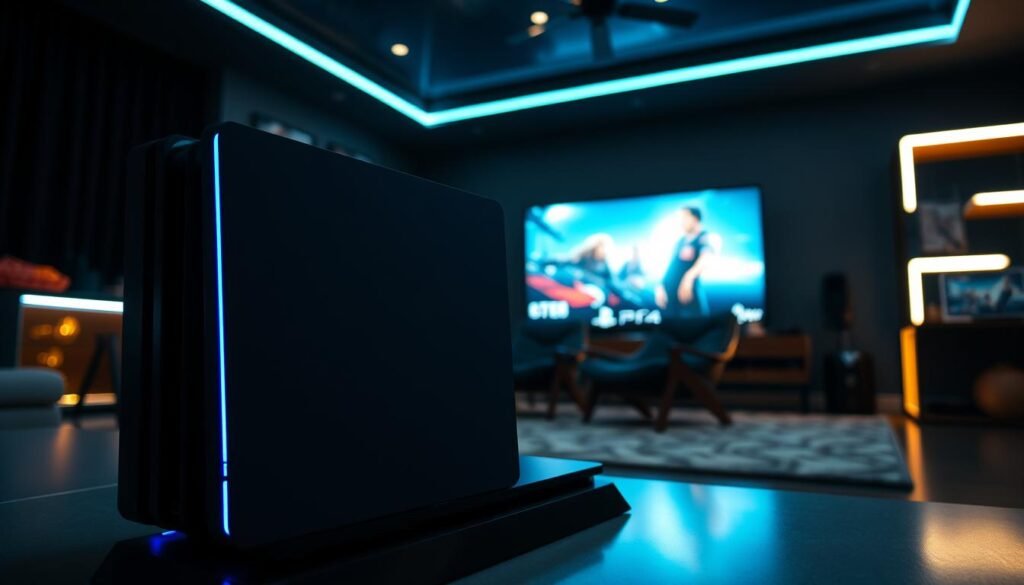 A sleek and modern PlayStation 4 Pro console prominently displayed in the foreground, showcasing its angular design and glossy finish. The console is turned on, emitting a soft blue light that reflects off a nearby game disc case. In the middle ground, a luxurious gaming setup includes a high-resolution 4K TV and a comfy gaming chair, emphasizing the immersive experience associated with the PS4 Pro. The background features a dimly lit, stylish gaming room filled with vibrant LED lighting, enhancing the atmosphere of gaming excitement and innovation. The scene conveys a mood of anticipation and sophistication, with a focus on the technological advancement of gaming consoles. Use a slightly angled view to highlight the console’s design while maintaining balanced lighting for depth.