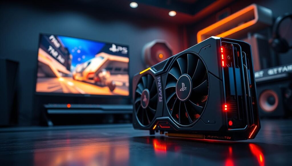 A sleek, futuristic PS5 Pro GPU designed with RDNA 3 architecture, showcasing its intricate circuitry and cooling systems. The foreground features a detailed close-up of the GPU, highlighting its metallic finishes and glowing LED lights. In the middle, incorporate a high-tech gaming setup, including a PS5 console and a modern gaming monitor displaying vibrant graphics. The background should have a dimly lit gaming room atmosphere, enhancing the focus on the GPU, with subtle reflections and shadows to create depth. Use dramatic lighting to emphasize the GPU’s features, captured from a low angle to convey a sense of power and innovation. The mood is intense and cutting-edge, reflecting the advanced technology of gaming hardware.