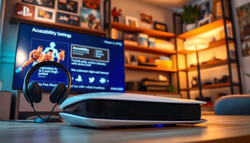 A sleek, modern PlayStation 5 console prominently displayed in the foreground, featuring its unique design with smooth curves and a glossy finish. Surrounding the console are high-quality headphones and a large, vibrant display screen showcasing accessibility settings with clear, bold graphics tailored for visually impaired gamers. In the middle ground, a cozy gaming environment is depicted, with soft ambient lighting creating a welcoming atmosphere. The background features shelves filled with video game memorabilia and accessories, subtly out of focus to ensure the main attractions stand out. Capture the image using a wide-angle lens, emphasizing the PS5 and its impressive features, while maintaining a professional tone that conveys innovation and inclusivity in gaming.