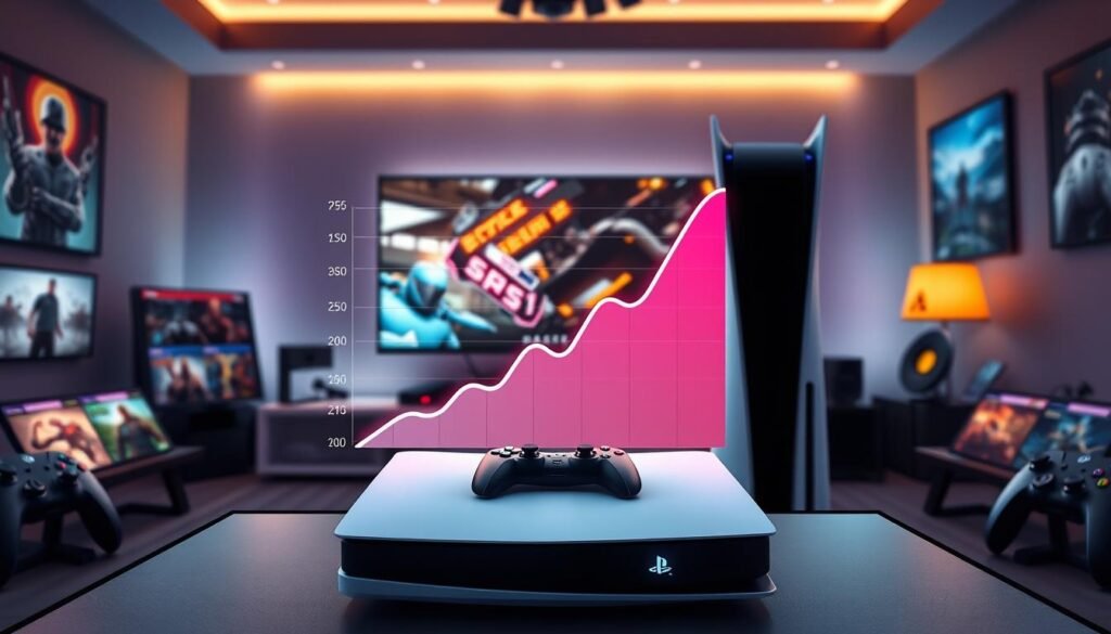A striking visualization depicting the sales data dominance of the PS5 in November 2024. In the foreground, showcase a sleek, modern gaming setup with a PS5 console prominently displayed, surrounded by vibrant game titles showcasing the latest releases. In the middle, create an animated graph that illustrates PS5 sales soaring above Xbox Series X/S figures, using bright colors to convey growth and success. In the background, depict a gaming room setting, illuminated with soft ambient lighting, featuring a high-resolution monitor displaying gameplay footage. The overall mood should convey excitement and triumph, capturing the competitive spirit between the two gaming giants. Use a wide-angle lens to enhance depth, and ensure all elements are professional and engaging, avoiding any disruptive text overlays or logos.