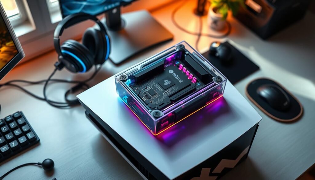 A top-down view of a PS5 Pro console with an advanced RDNA 3 GPU, placed on a sleek, modern gaming desk. The GPU is showcased in a transparent casing, highlighting its intricate circuitry and cool RGB lighting. Surrounding the console are high-quality gaming peripherals, like a premium headset and mechanical keyboard, emphasizing a high-end gaming setup. The background features a softly blurred gaming setup with ambient lighting, accentuating a focused and immersive gaming atmosphere. Natural light filters through a nearby window, casting gentle shadows and enhancing the overall feel of innovation and excitement. The composition focuses on the technology while evoking a sense of future gaming advancements.