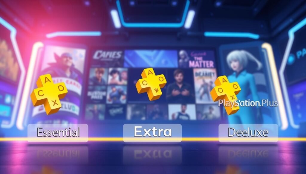 A vibrant digital illustration representing the essence of PlayStation Plus, focusing on the three tiers: Essential, Extra, and Deluxe. In the foreground, three symbolic icons or stylized representations for each tier, illuminated with soft glows, showcasing their unique features. The middle layer features subtle graphics of diverse gaming experiences, like classic titles and new releases, hinting at the expansive library available. In the background, a futuristic gaming environment, with soft blue and purple lights creating a dynamic ambiance, reflects the high-tech nature of gaming. The composition is balanced, emphasizing a sense of exploration and excitement in gaming. Use high-definition details, with a slight tilt-angle perspective to enhance depth, conveying a vibrant and engaging atmosphere for the viewer. A vibrant digital illustration representing the essence of PlayStation Plus, focusing on the three tiers: Essential, Extra, and Deluxe. In the foreground, three symbolic icons or stylized representations for each tier, illuminated with soft glows, showcasing their unique features. The middle layer features subtle graphics of diverse gaming experiences, like classic titles and new releases, hinting at the expansive library available. In the background, a futuristic gaming environment, with soft blue and purple lights creating a dynamic ambiance, reflects the high-tech nature of gaming. The composition is balanced, emphasizing a sense of exploration and excitement in gaming. Use high-definition details, with a slight tilt-angle perspective to enhance depth, conveying a vibrant and engaging atmosphere for the viewer.