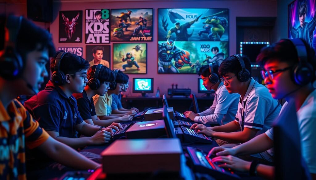 A vibrant scene depicting Indonesian gamers engaged in their passion for gaming amidst various gaming consoles like the PS1 and Xbox. In the foreground, a diverse group of gamers, dressed in casual attire, are intently focused on their screens, showcasing a mix of excitement and determination. The middle ground features a beautifully arranged gaming setup with LED lights accentuating the gaming atmosphere and a range of classic PlayStation and Xbox games. In the background, a wall decorated with gaming posters highlights iconic moments from both brands. The lighting is dynamic and colorful, creating a lively and energetic mood, while a slightly blurred depth of field focuses on the gamers. The angle is slightly elevated, giving a comprehensive view of the setup, evoking a sense of community and competition among Indonesian gamers.