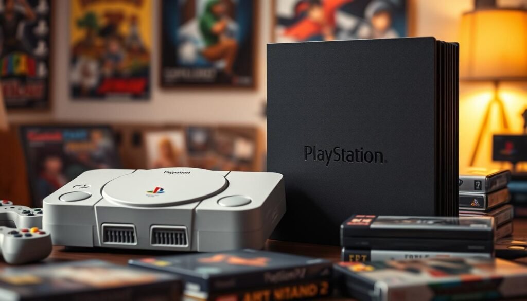 A vintage gaming console setup featuring the iconic PlayStation 1 and PlayStation 2, prominently displayed in the foreground. The PS1, with its distinctive rounded design and gray color, sits beside the sleek and more sophisticated PS2, showcasing its slim form factor and elegant black finish. Surrounding the consoles are classic game cases, representing notable titles from the era. The background is softly blurred, evoking a nostalgic gaming room ambiance, with warm lighting illuminating the consoles and casting gentle shadows. A hint of retro gaming posters adorns the walls, enhancing the atmosphere. The focus is sharp on the consoles, capturing their intricate details, while the overall mood is inviting and reminiscent of the late 90s and early 2000s gaming culture.