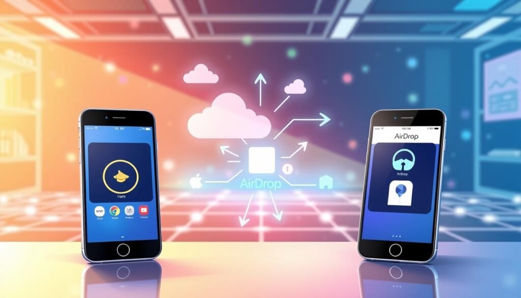 A visually engaging illustration showcasing the concept of "Quick Share" and "AirDrop" compatibility across platforms. In the foreground, depict sleek smartphones displaying the respective app interfaces, presenting a seamless data transfer in action. The middle ground features a stylized digital representation of interaction—clouds, arrows, and glowing data streams suggesting rapid file sharing. The background should have a modern tech environment, incorporating elements like abstract connections and digital grids, indicating a networked world. Use vibrant yet soft lighting to create a dynamic atmosphere, enhancing the focus on the devices. Capture this scene from a slightly elevated angle to emphasize the smartphones and data transfer process, allowing viewers to feel the innovation of cross-platform sharing. A visually engaging illustration showcasing the concept of "Quick Share" and "AirDrop" compatibility across platforms. In the foreground, depict sleek smartphones displaying the respective app interfaces, presenting a seamless data transfer in action. The middle ground features a stylized digital representation of interaction—clouds, arrows, and glowing data streams suggesting rapid file sharing. The background should have a modern tech environment, incorporating elements like abstract connections and digital grids, indicating a networked world. Use vibrant yet soft lighting to create a dynamic atmosphere, enhancing the focus on the devices. Capture this scene from a slightly elevated angle to emphasize the smartphones and data transfer process, allowing viewers to feel the innovation of cross-platform sharing.