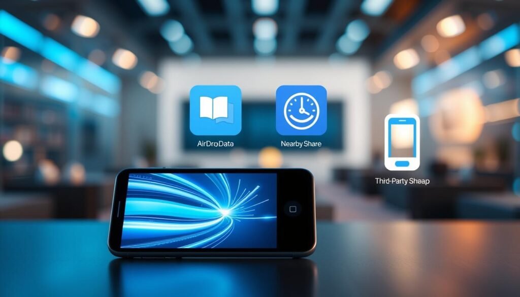 A visually striking comparison of data transfer speeds, featuring three distinct methods: AirDrop, Nearby Share, and a third-party app. In the foreground, a sleek smartphone displaying an animated visual of a high-speed transfer, with dynamic lines symbolizing data flow. The middle ground includes representative icons for AirDrop and Nearby Share, artistically rendered with contrasting colors to indicate speed differences. The background features a modern tech-inspired setting, with a subtle bokeh effect to give depth, illuminated by soft blue and green lights to enhance a futuristic feel. The image captures a sense of innovation and efficiency, inviting viewers to explore the nuances of data transfer technology. No text or markings are included. A visually striking comparison of data transfer speeds, featuring three distinct methods: AirDrop, Nearby Share, and a third-party app. In the foreground, a sleek smartphone displaying an animated visual of a high-speed transfer, with dynamic lines symbolizing data flow. The middle ground includes representative icons for AirDrop and Nearby Share, artistically rendered with contrasting colors to indicate speed differences. The background features a modern tech-inspired setting, with a subtle bokeh effect to give depth, illuminated by soft blue and green lights to enhance a futuristic feel. The image captures a sense of innovation and efficiency, inviting viewers to explore the nuances of data transfer technology. No text or markings are included.