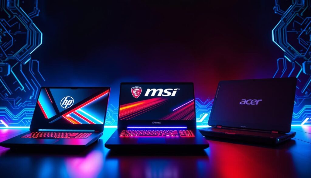 A visually striking comparison of popular gaming laptop brands: HP, MSI, and Acer. In the foreground, three sleek gaming laptops are prominently displayed side by side, illuminated by dynamic LED lights showcasing their unique designs. The HP laptop features an angular, futuristic aesthetic with a glowing logo, while the MSI device exhibits a bold red backlit keyboard, and the Acer model showcases a minimalist yet robust look. In the middle ground, a subtle gradient fades from blue to black, enhancing the focus on the laptops. The background features a high-tech, abstract digital landscape with circuit board patterns, suggesting advanced technology. The lighting is dramatic, emphasizing the sheen of the laptop exteriors, creating an energetic and competitive atmosphere suitable for gamers. The angle is slightly elevated to capture all details in a dynamic perspective.