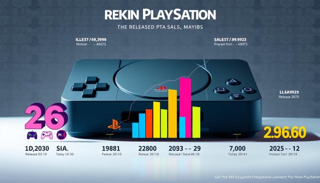 A visually striking infographic depicting the release dates and sales figures of the original PlayStation console. In the foreground, highlight key statistics with bold, stylized numbers and icons representing sales milestones. In the middle, place graphical elements such as bar charts and line graphs illustrating growth over time, incorporating a mix of vivid colors that evoke a sense of nostalgia for the 90s. The background features a subtle pattern of the original PlayStation console silhouette, creating a cohesive theme. The mood should be energetic and vibrant, utilizing bright lighting to enhance the visual appeal. The angle should be slightly tilted to add dynamism, focusing on the data while maintaining clarity and professionalism.