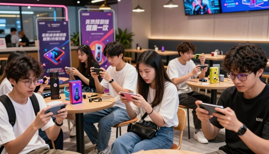 A dynamic scene showcasing a vibrant and futuristic smartphone gaming environment aimed at young consumers. In the foreground, a diverse group of young adults, dressed in smart casual attire, are enthusiastically engaged in gaming on sleek smartphones. Their expressions convey excitement and concentration. In the middle ground, tables are filled with colorful gaming accessories and banners highlighting gaming contests. The background features a modern, tech-savvy café with neon lighting and digital displays showcasing the latest gaming brands. Use soft, bright lighting to create an inviting atmosphere, captured with a slightly angled perspective to emphasize depth and engagement, conveying a sense of community and energy within the youthful gaming market. A dynamic scene showcasing a vibrant and futuristic smartphone gaming environment aimed at young consumers. In the foreground, a diverse group of young adults, dressed in smart casual attire, are enthusiastically engaged in gaming on sleek smartphones. Their expressions convey excitement and concentration. In the middle ground, tables are filled with colorful gaming accessories and banners highlighting gaming contests. The background features a modern, tech-savvy café with neon lighting and digital displays showcasing the latest gaming brands. Use soft, bright lighting to create an inviting atmosphere, captured with a slightly angled perspective to emphasize depth and engagement, conveying a sense of community and energy within the youthful gaming market.