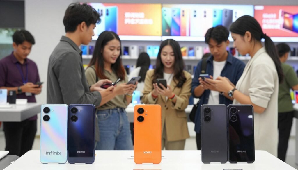 A dynamic smartphone market scene in Indonesia, illustrating the competitive landscape among various smartphone brands. In the foreground, three models of smartphones from popular brands like Infinix, Xiaomi, and Samsung are displayed prominently, with sleek designs and logos visible. The middle ground features a diverse group of young professionals in smart attire, engaged in a discussion about smartphone features, showcasing a collaborative atmosphere. The background captures a bustling electronics store, with colorful advertisements for different smartphone models lining the shelves, emphasizing the market's vibrancy. Soft, natural lighting to create an inviting mood, shot at eye level to engage viewers, with a focus on realism and detail to highlight the competition in the smartphone sector. A dynamic smartphone market scene in Indonesia, illustrating the competitive landscape among various smartphone brands. In the foreground, three models of smartphones from popular brands like Infinix, Xiaomi, and Samsung are displayed prominently, with sleek designs and logos visible. The middle ground features a diverse group of young professionals in smart attire, engaged in a discussion about smartphone features, showcasing a collaborative atmosphere. The background captures a bustling electronics store, with colorful advertisements for different smartphone models lining the shelves, emphasizing the market's vibrancy. Soft, natural lighting to create an inviting mood, shot at eye level to engage viewers, with a focus on realism and detail to highlight the competition in the smartphone sector.