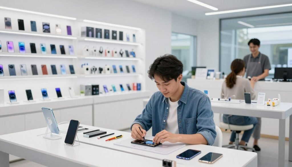 A professional smartphone service center, featuring a sleek, modern interior with bright LED lighting that accentuates the clean lines and organized workspaces. In the foreground, a technician in smart casual attire is inspecting a smartphone on a workbench, surrounded by tools and spare parts. The middle ground includes shelves displaying various smartphone brands and accessories, all neatly arranged to convey a sense of professionalism. The background showcases a service counter with a friendly staff member assisting a customer, ensuring a welcoming atmosphere. The scene is captured from a slightly elevated angle to provide a comprehensive view, reflecting a mood of efficiency and reliability. Soft, natural light filters through large windows, enhancing the overall clarity and focus of the image. A professional smartphone service center, featuring a sleek, modern interior with bright LED lighting that accentuates the clean lines and organized workspaces. In the foreground, a technician in smart casual attire is inspecting a smartphone on a workbench, surrounded by tools and spare parts. The middle ground includes shelves displaying various smartphone brands and accessories, all neatly arranged to convey a sense of professionalism. The background showcases a service counter with a friendly staff member assisting a customer, ensuring a welcoming atmosphere. The scene is captured from a slightly elevated angle to provide a comprehensive view, reflecting a mood of efficiency and reliability. Soft, natural light filters through large windows, enhancing the overall clarity and focus of the image.